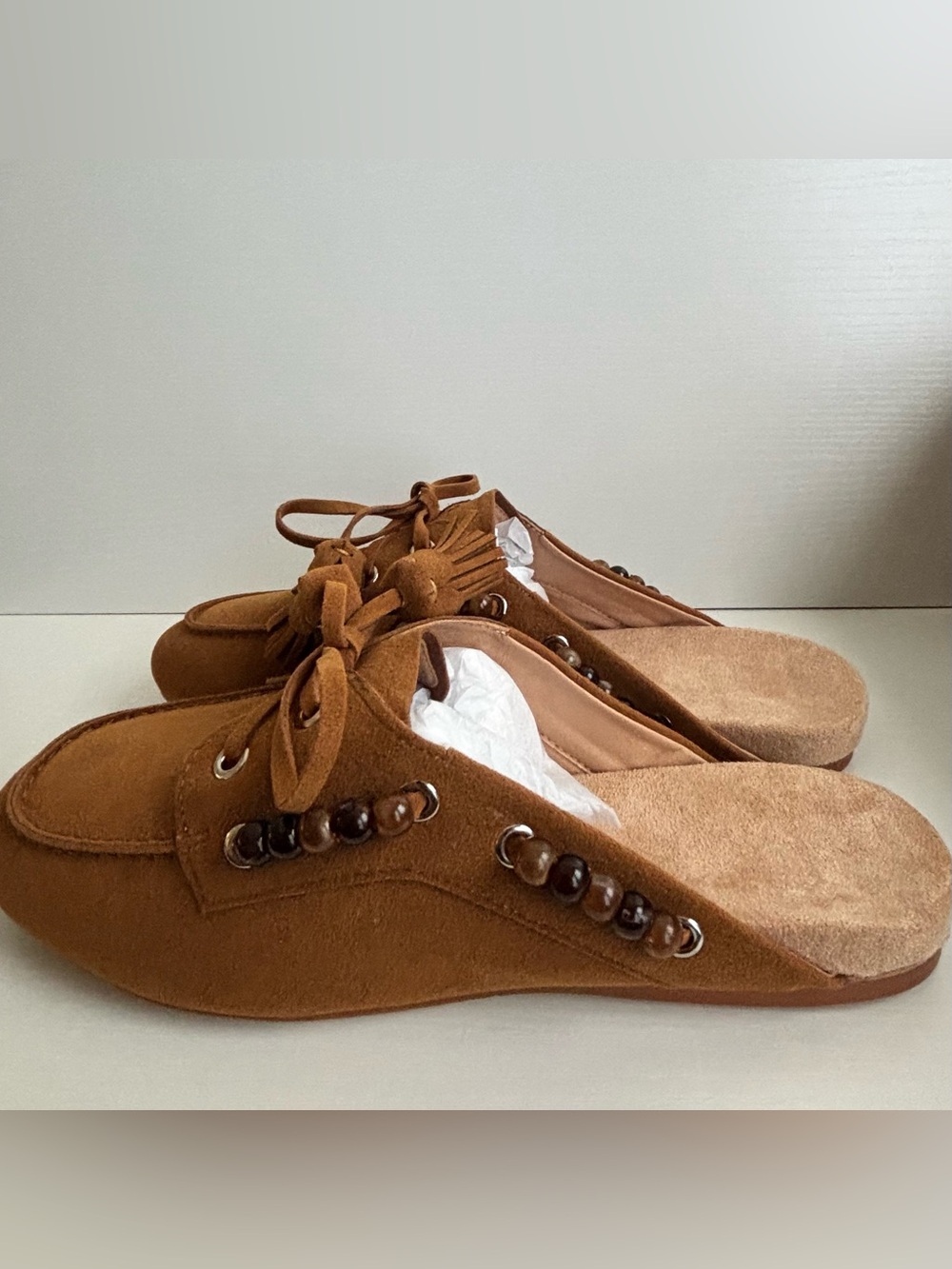 Faux Suede Slip-On Mules with Beads and Tassel Accents in Brown-New in box